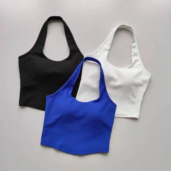 2023 Summer Sexy Sports Bra Rib Sport Top Underwear Women's Running Gathered Bra Hanging Neck Fitness Vest Fixed Padded Yoga Bra - Image 3